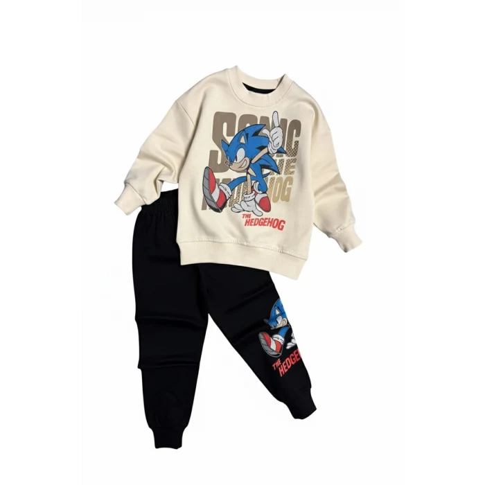 Sonic Desenli Krem Renk Erkek Çocuk Eşofman Takım