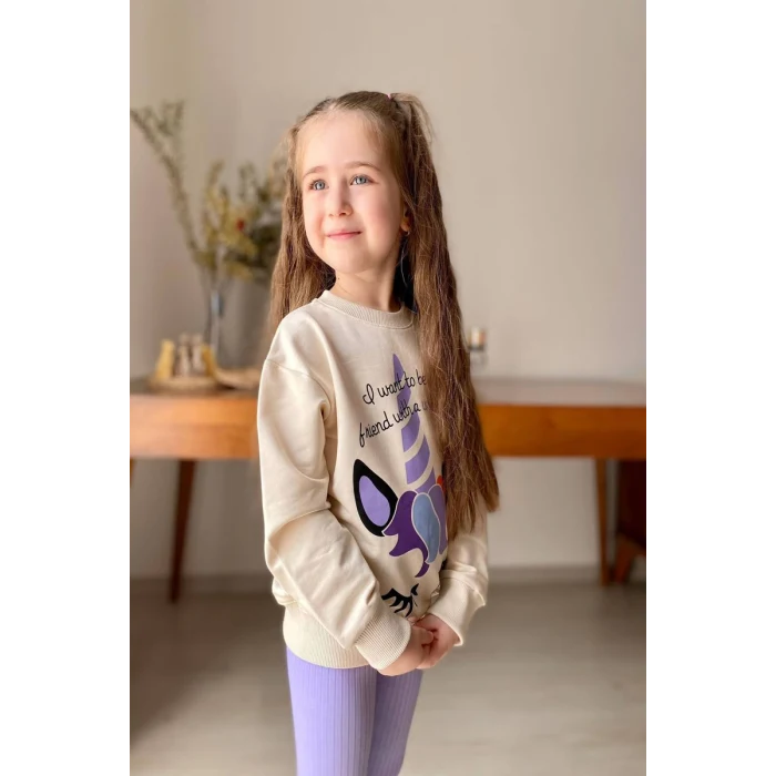 Unicorn Desenli Kız Çocuk Lila Renk Taytlı Takım