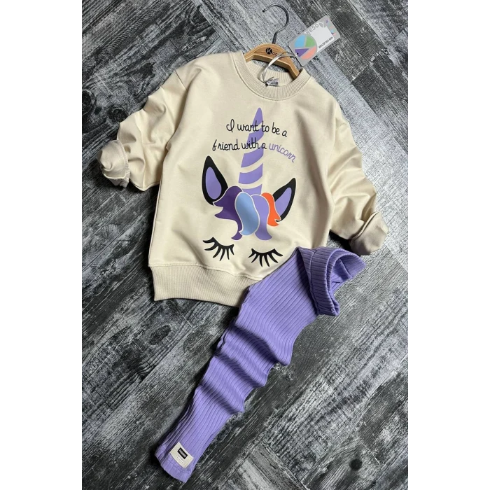 Unicorn Desenli Kız Çocuk Lila Renk Taytlı Takım