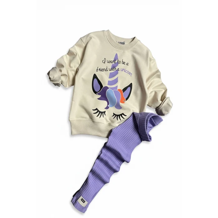 Unicorn Desenli Kız Çocuk Lila Renk Taytlı Takım