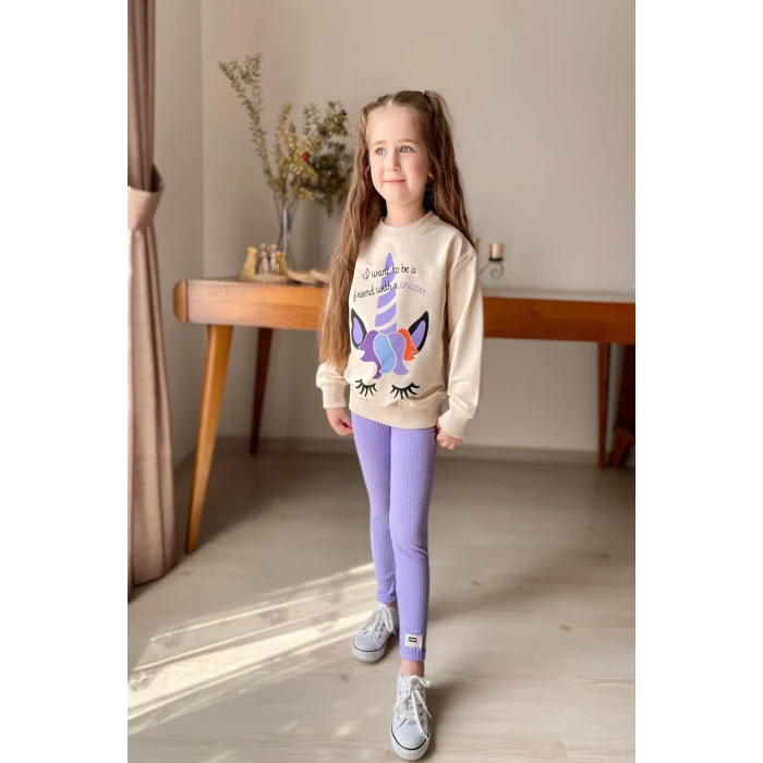 Unicorn Desenli Kız Çocuk Lila Renk Taytlı Takım