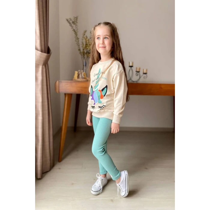 Unicorn Desenli Kız Çocuk Yeşil Renk Taytlı Takım