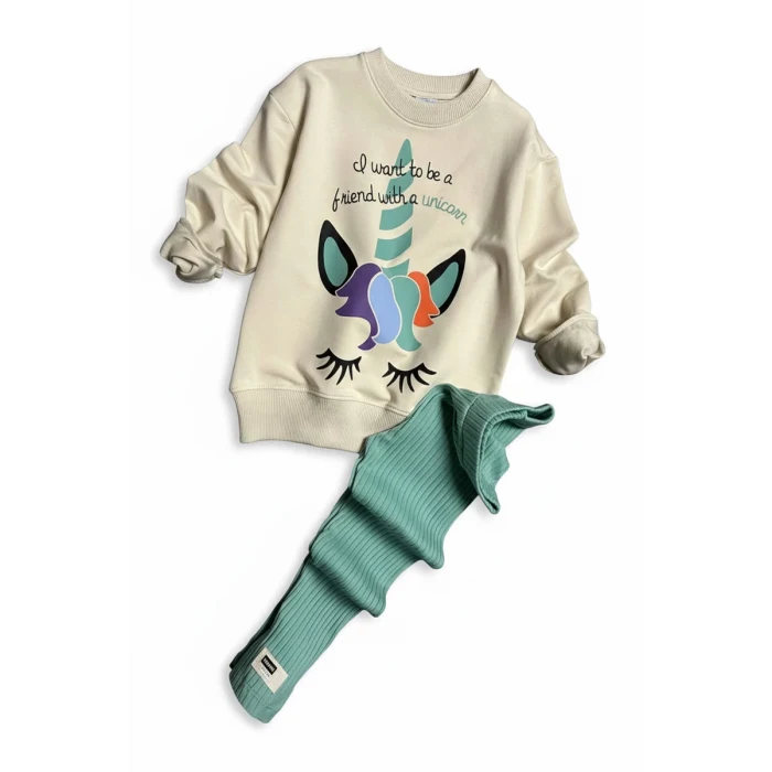 Unicorn Desenli Kız Çocuk Yeşil Renk Taytlı Takım