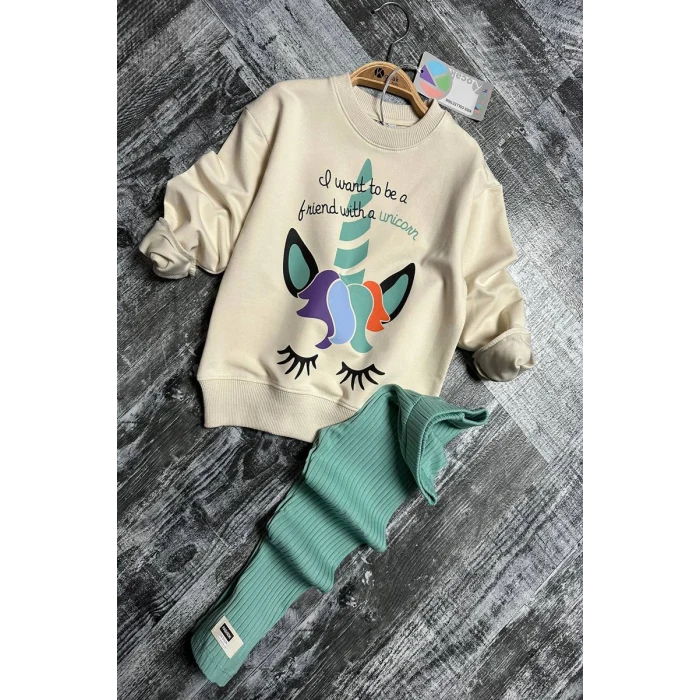 Unicorn Desenli Kız Çocuk Yeşil Renk Taytlı Takım