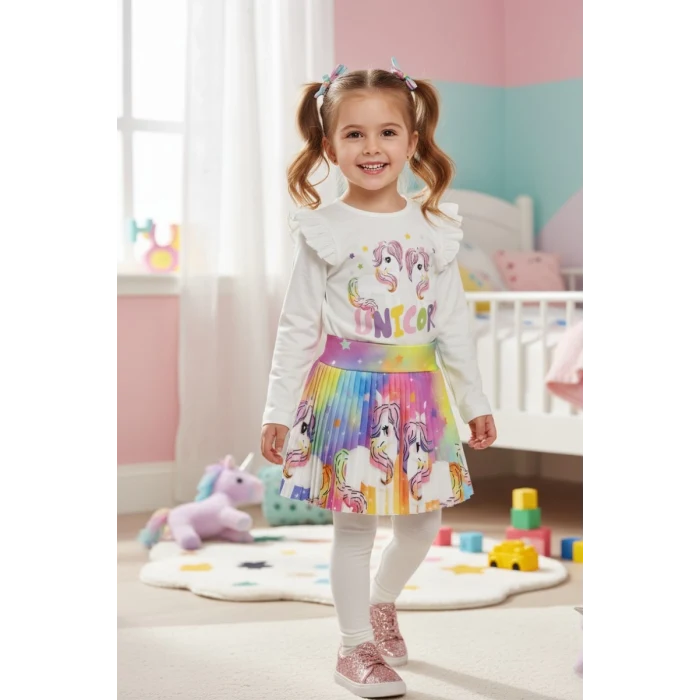 Unicorn Desenli Renkli Kız Çocuk Etekli Takım