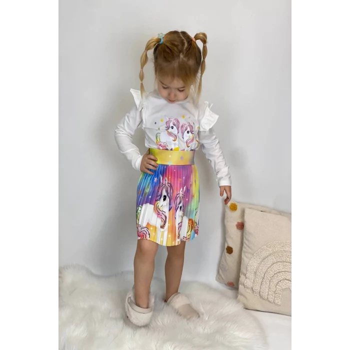Unicorn Desenli Renkli Kız Çocuk Etekli Takım