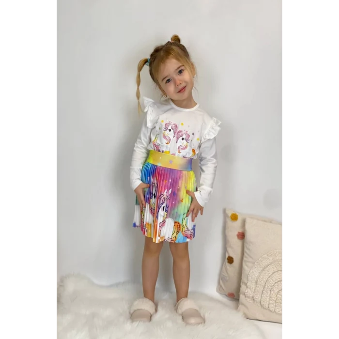 Unicorn Desenli Renkli Kız Çocuk Etekli Takım