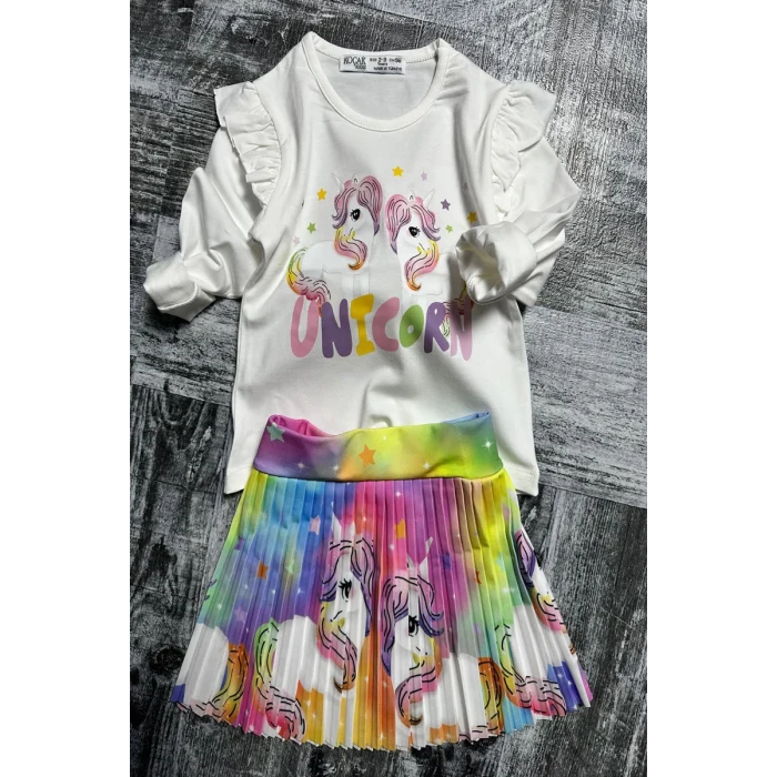 Unicorn Desenli Renkli Kız Çocuk Etekli Takım