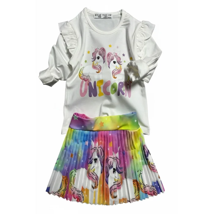 Unicorn Desenli Renkli Kız Çocuk Etekli Takım