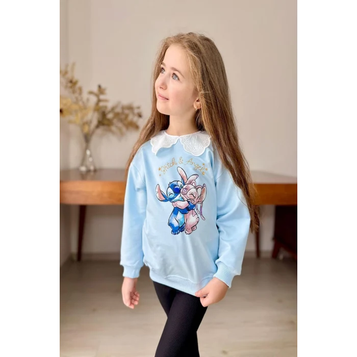 Yaka Detaylı Stitch Desenli Mavi Renk Kız Çocuk Takım