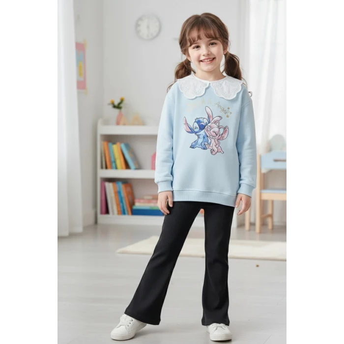 Yaka Detaylı Stitch Desenli Mavi Renk Kız Çocuk Takım