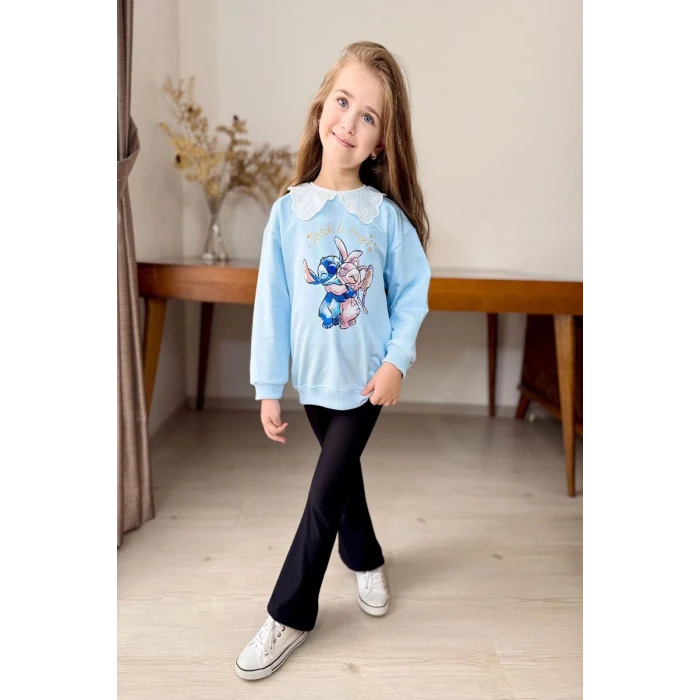 Yaka Detaylı Stitch Desenli Mavi Renk Kız Çocuk Takım