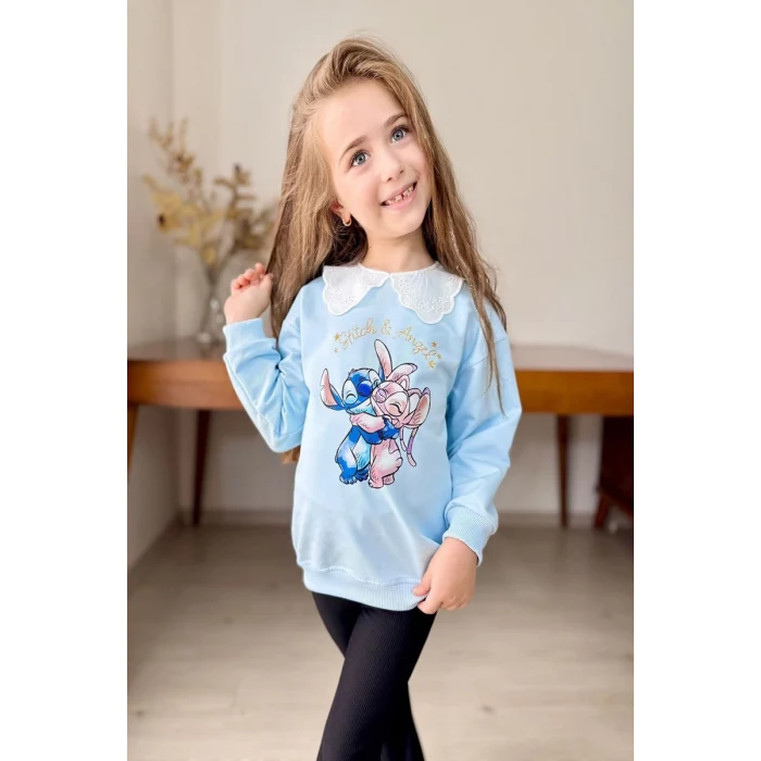 Yaka Detaylı Stitch Desenli Mavi Renk Kız Çocuk Takım