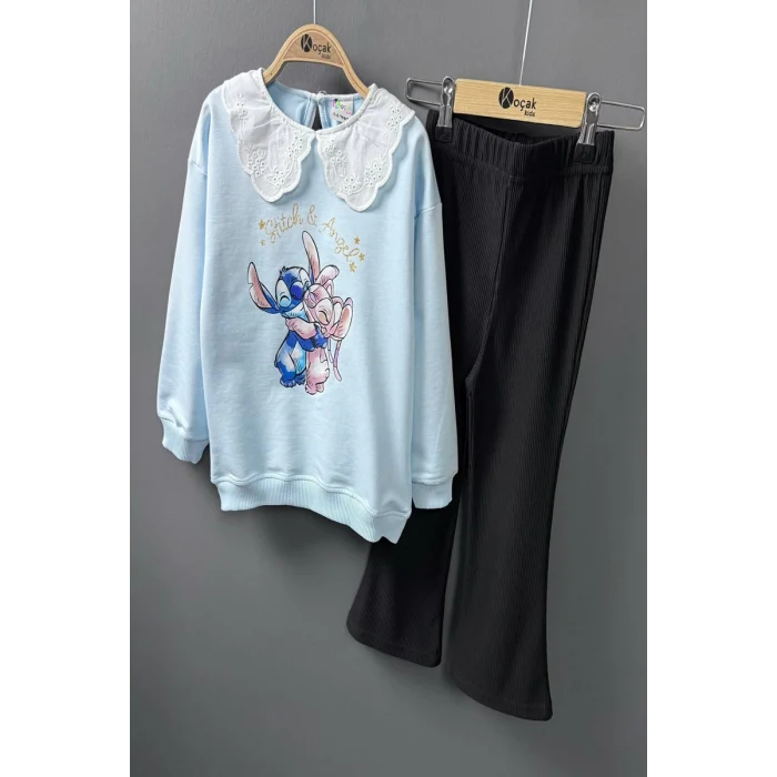 Yaka Detaylı Stitch Desenli Mavi Renk Kız Çocuk Takım