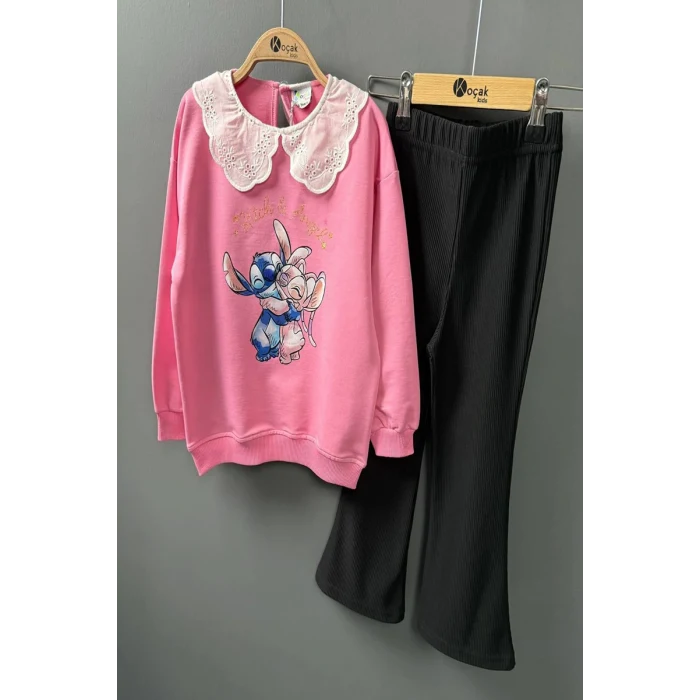 Yaka Detaylı Stitch Desenli Pembe Renk Kız Çocuk Takım