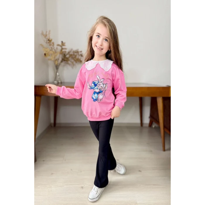 Yaka Detaylı Stitch Desenli Pembe Renk Kız Çocuk Takım