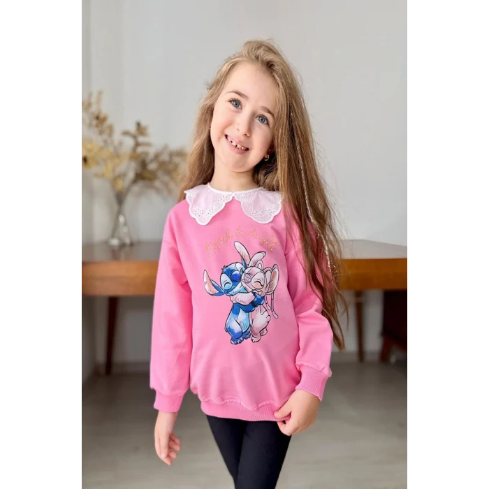 Yaka Detaylı Stitch Desenli Pembe Renk Kız Çocuk Takım