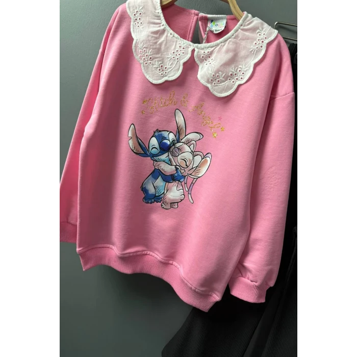 Yaka Detaylı Stitch Desenli Pembe Renk Kız Çocuk Takım
