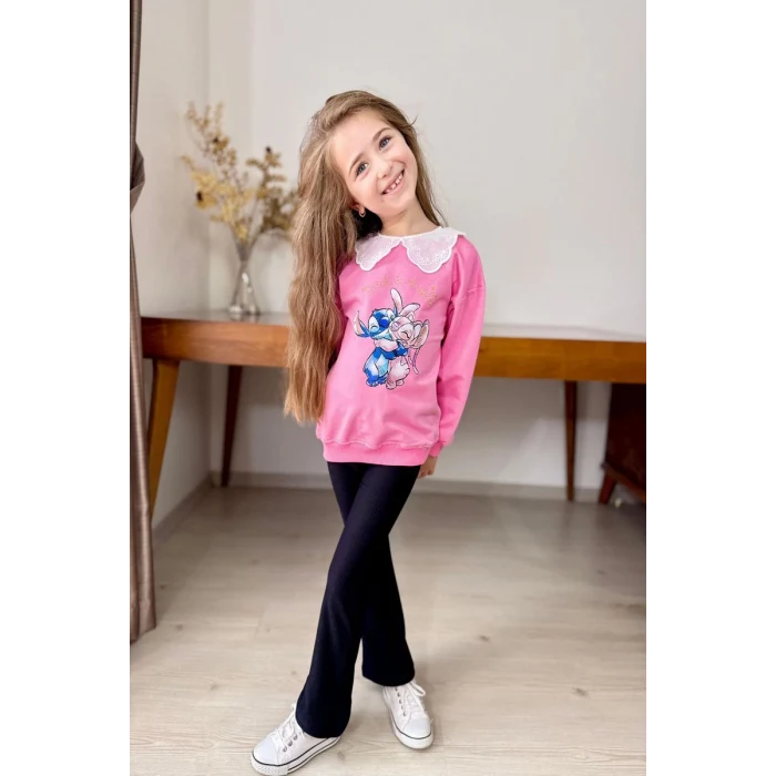 Yaka Detaylı Stitch Desenli Pembe Renk Kız Çocuk Takım