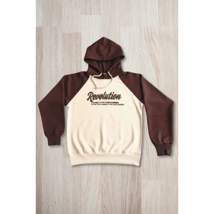 Yazı Desenli Kapşonlu Kahverengi Renk Kız Çocuk Takım