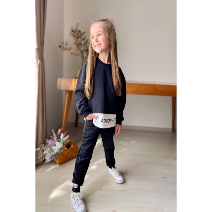 Yazı Detaylı Tarz Siyah Renk Kız Çocuk Takım