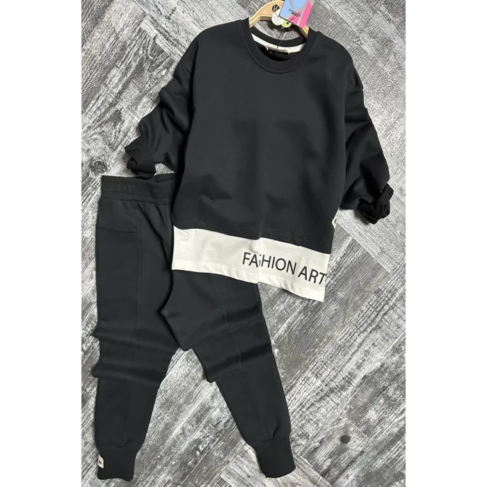 Yazı Detaylı Tarz Siyah Renk Kız Çocuk Takım