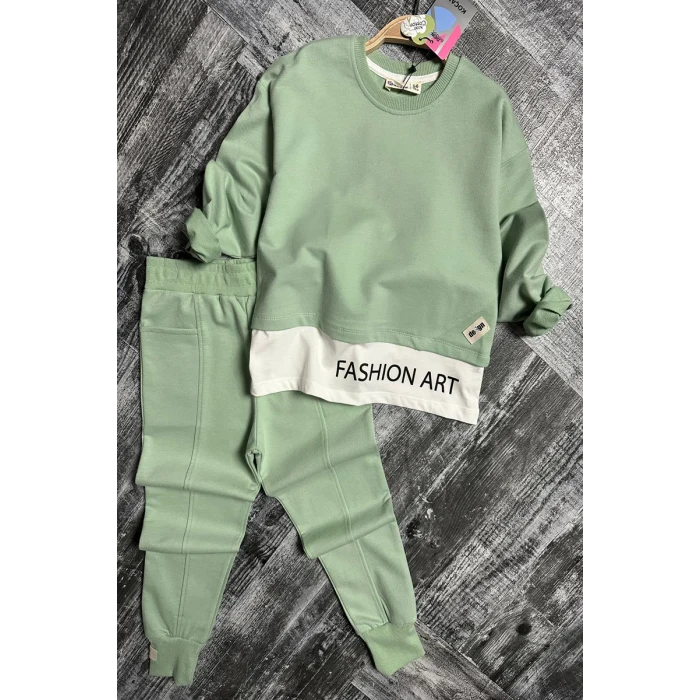 Yazı Detaylı Tarz Yeşil Renk Kız Çocuk Takım