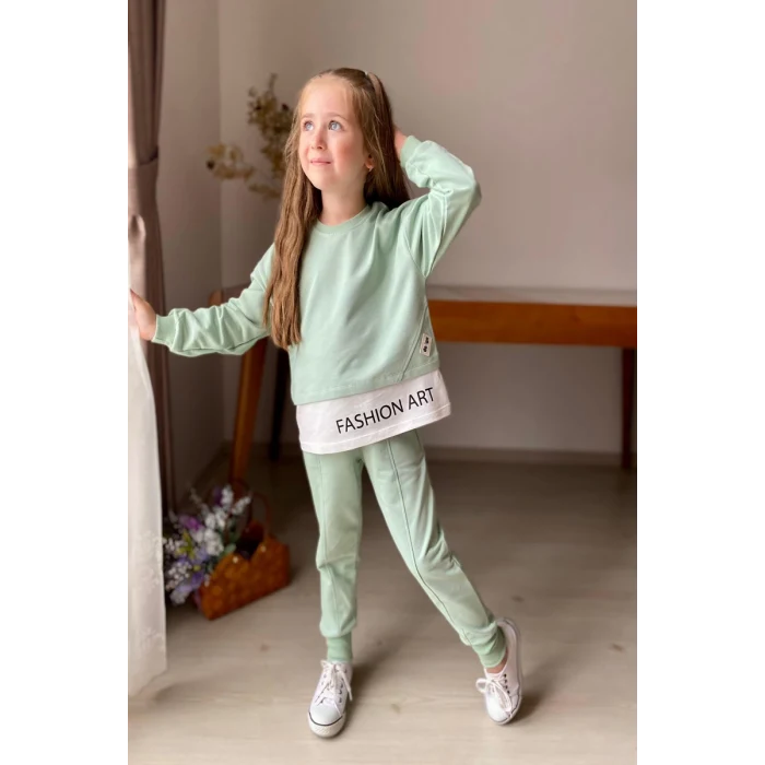 Yazı Detaylı Tarz Yeşil Renk Kız Çocuk Takım