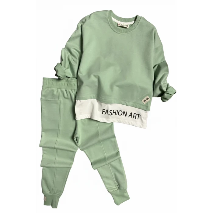Yazı Detaylı Tarz Yeşil Renk Kız Çocuk Takım