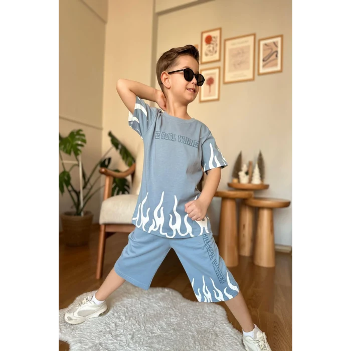 Yeni Sezon Alev Desenli Mavi Renk Erkek Çocuk Şortlu Takım