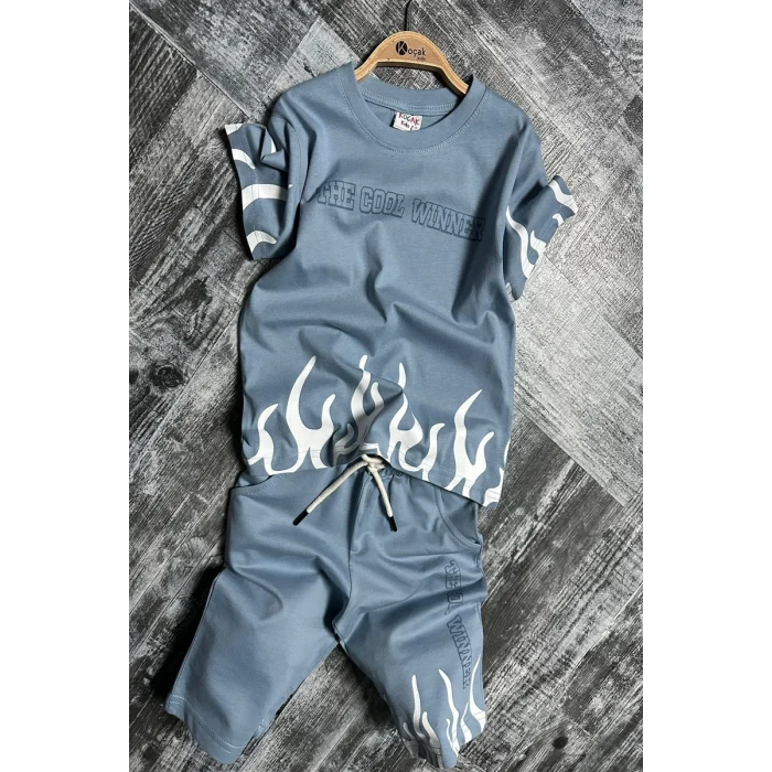 Yeni Sezon Alev Desenli Mavi Renk Erkek Çocuk Şortlu Takım