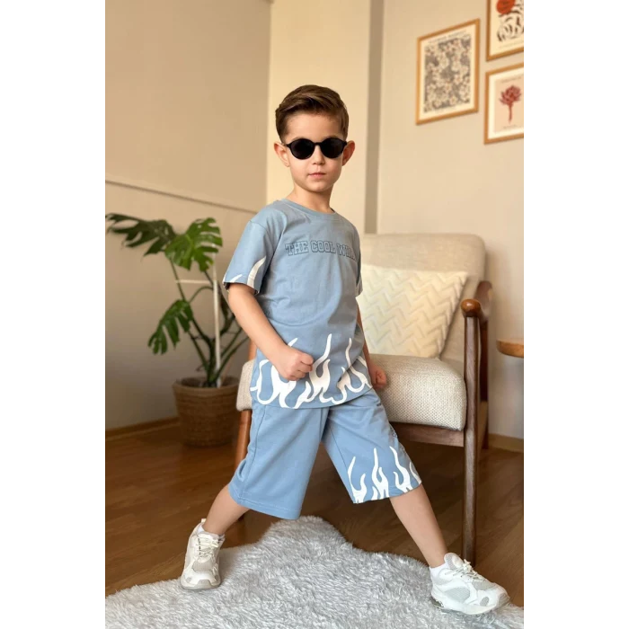 Yeni Sezon Alev Desenli Mavi Renk Erkek Çocuk Şortlu Takım