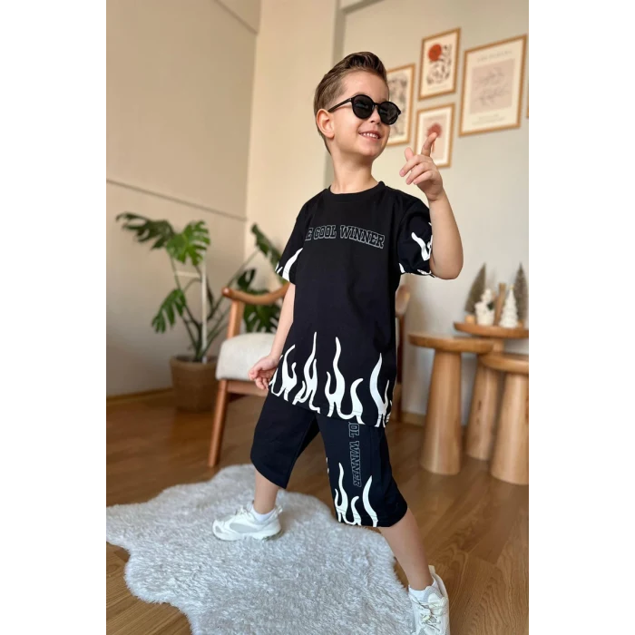 Yeni Sezon Alev Desenli Siyah Renk Erkek Çocuk Şortlu Takım