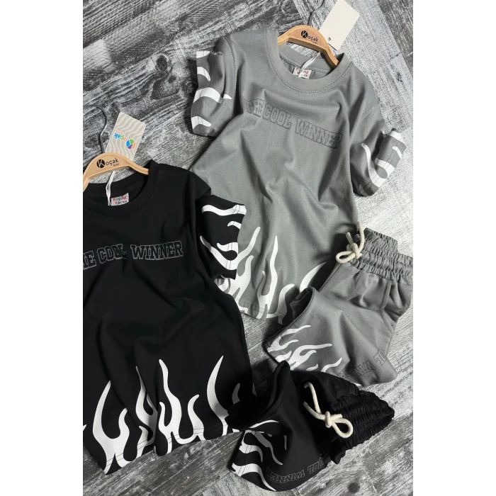 Yeni Sezon Alev Desenli Siyah Renk Erkek Çocuk Şortlu Takım