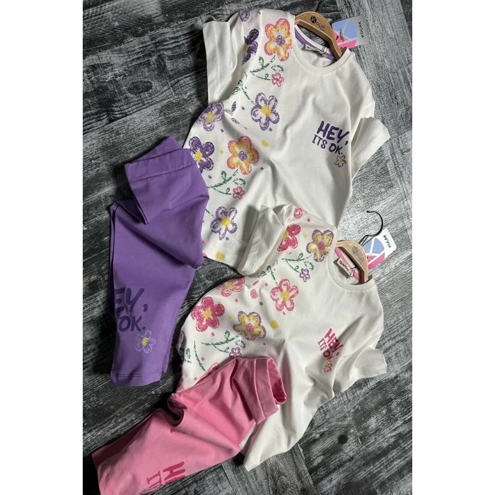 Yeni Sezon Çiçek Desenli Lila Renk Kapri Taytlı Kız Çocuk Takım