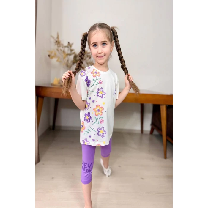 Yeni Sezon Çiçek Desenli Lila Renk Kapri Taytlı Kız Çocuk Takım