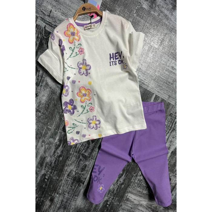Yeni Sezon Çiçek Desenli Lila Renk Kapri Taytlı Kız Çocuk Takım
