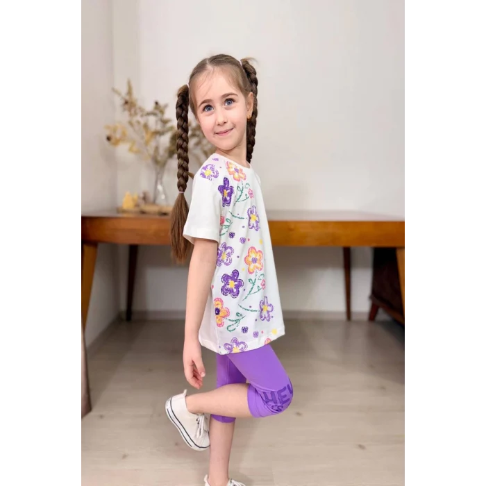 Yeni Sezon Çiçek Desenli Lila Renk Kapri Taytlı Kız Çocuk Takım