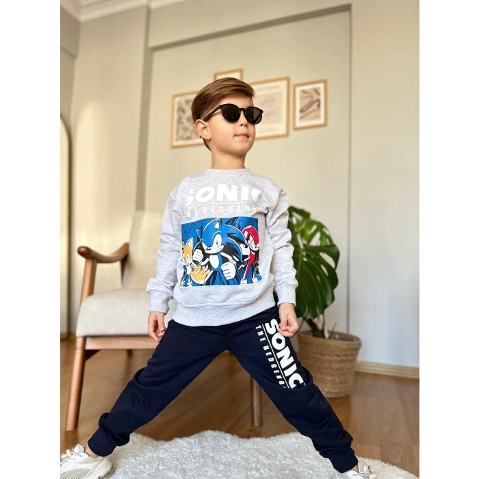Yeni Sezon Sonic Desenli Gri Renk Erkek Çocuk Eşofman Takım