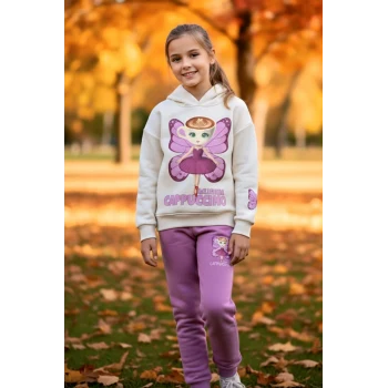 3 İplik Ballerina Cappucino Desenli Kız Çocuk Eşofman Takım