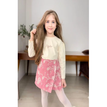 Brode Desen Şort Etekli Pembe Renk Kız Çocuk Takım