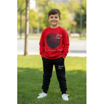 Basketball Yazı Desenli Kırmızı Renk Erkek Çocuk Eşofman Takımı