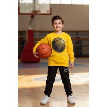 Basketball Yazı Desenli Sarı Renk Erkek Çocuk Eşofman Takımı