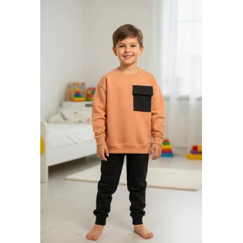 Cep Detaylı Erkek Çocuk Soft Turuncu Renk Eşofman Takım