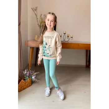 Çiçek Desenli Fitilli Taytlı Yeşil Renk Kız Çocuk Takım