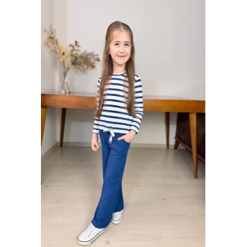 Çizgili Kız Çocuk Bol Paça Mevsimlik Mavi Renk Takım