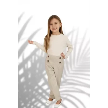 Ekose Pantolonlu Krem Renk Kız Çocuk Takım