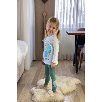 Elsa Desenli Yeşil Renk Kız Çocuk Taytlı Takım