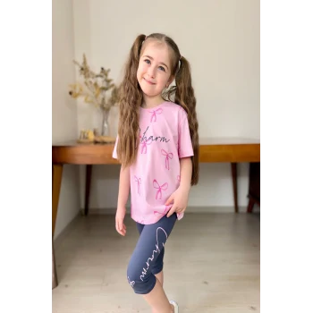 Fiyonk Desenli Kız Çocuk Pembe Renk Taytlı Takım