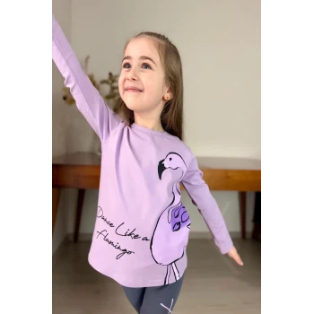 Flamingo Desenli Lila Renk Kız Çocuk Mevsimlik Taytlı Takım